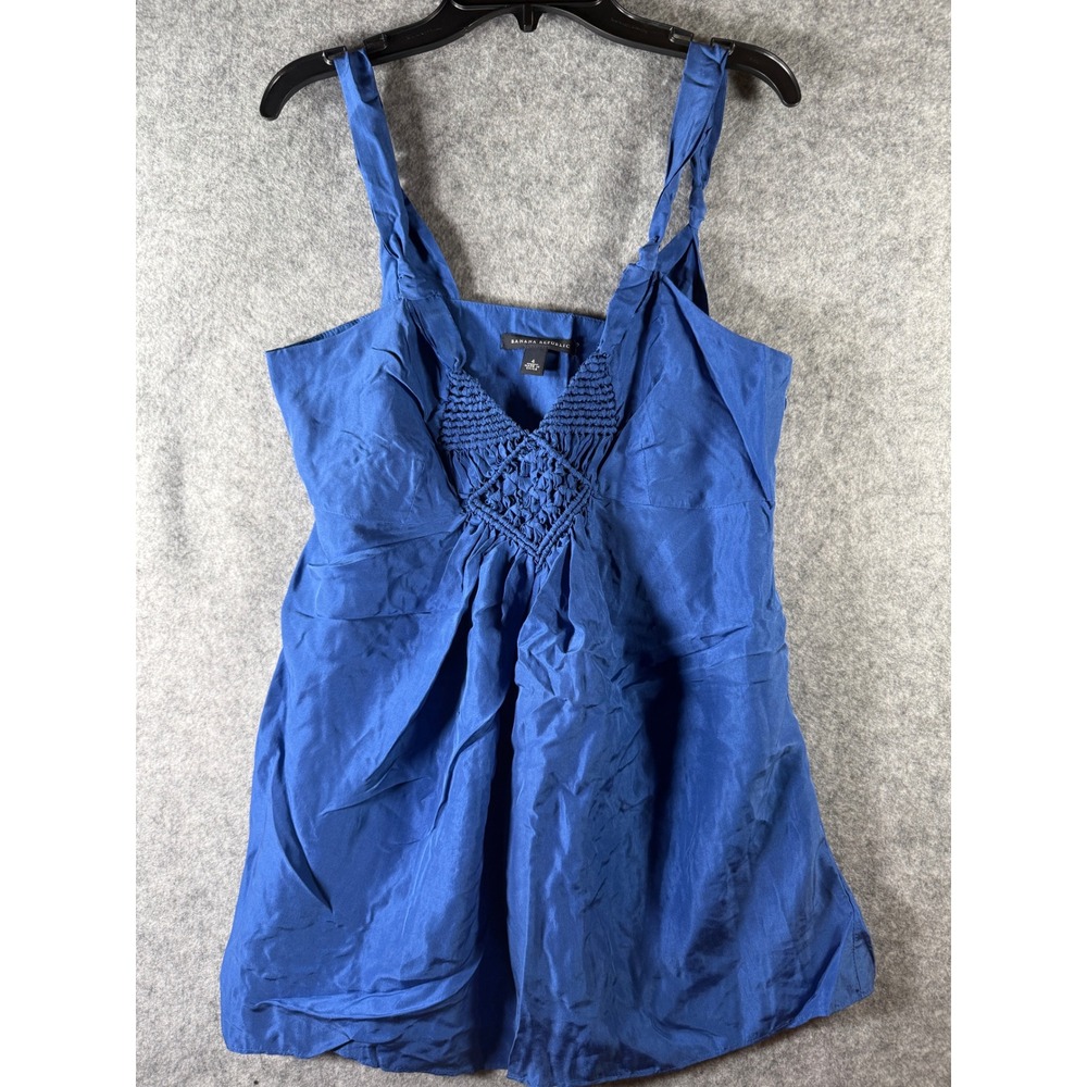 Banana Republic Women Blue 100% Silk Smocked‎ Pleated V-Neck Camisole Top Size 4